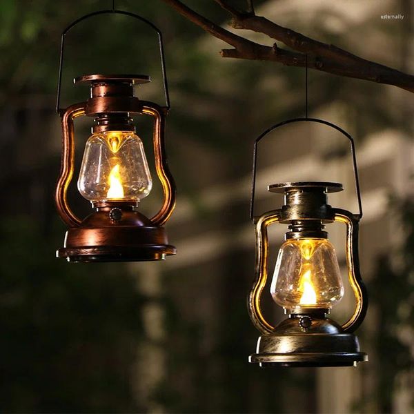 Borse portaoggetti Retro Solar Lampada a sospensione a lume di candela LED Lampada a olio Lanterna tremolante senza fiamma Illuminazione da giardino per esterni-Oro