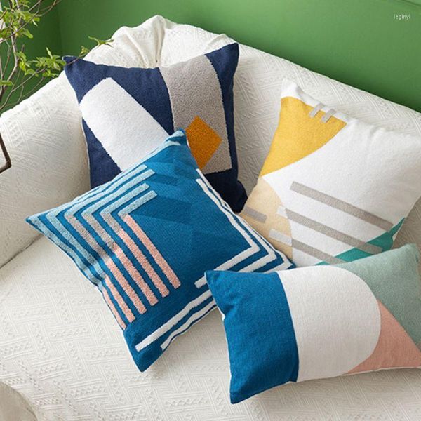 Federa per cuscino Asciugamano decorativo in cotone per soggiorno in famiglia in stile nordico Fodera per cuscino lombare con motivi geometrici ricamati
