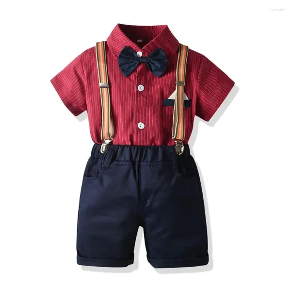 Set di abbigliamento Set completo da ragazzo Abiti formali estivi Papillon da bambino Camicia rossa Belli pantaloncini a righe a maniche corte Completo per bambini