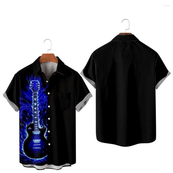 Erkekler Sıradan Gömlek Erkek Hawaii Gömlek 3D Müzik Gitar Serin High Street Küba Yakaları 2023 Yaz Tasarımcısı Moda Kısa Kollu Üstler