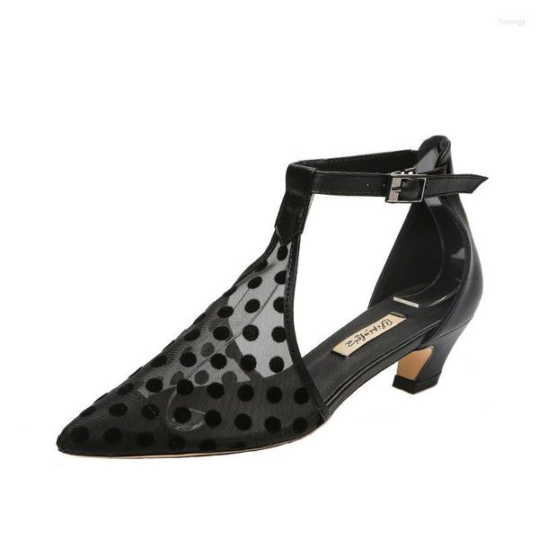 Abendschuhe Mesh Sandalen Damen Point Toe Small Size 31-43 Dot Mid Heel Summer Lace Damen Schwarze Heels