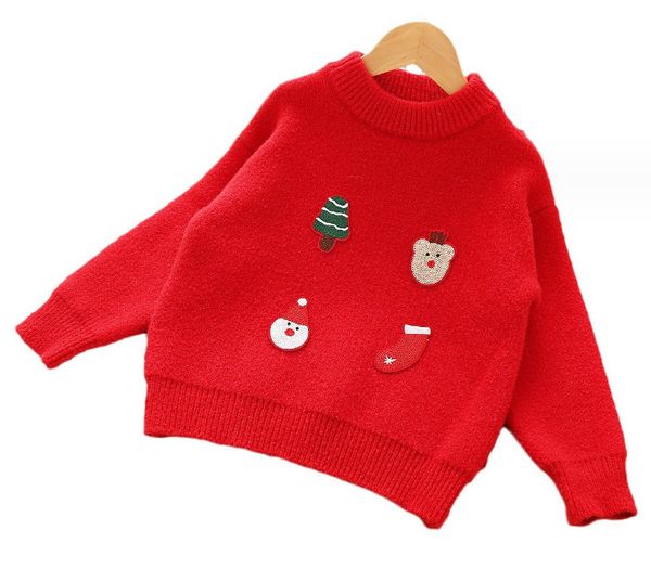 Детский рождественский пуловер для девочек, рождественские носки с изображением оленей, Санта-Клауса, свитер с вышивкой, топы, детский красный утолщенный трикотаж, одежда принцессы Z5601