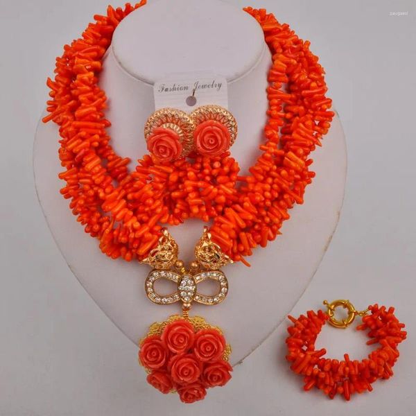 Conjunto de brincos de colar laranja coral nigeriano contas joias africanas fantasia de noiva