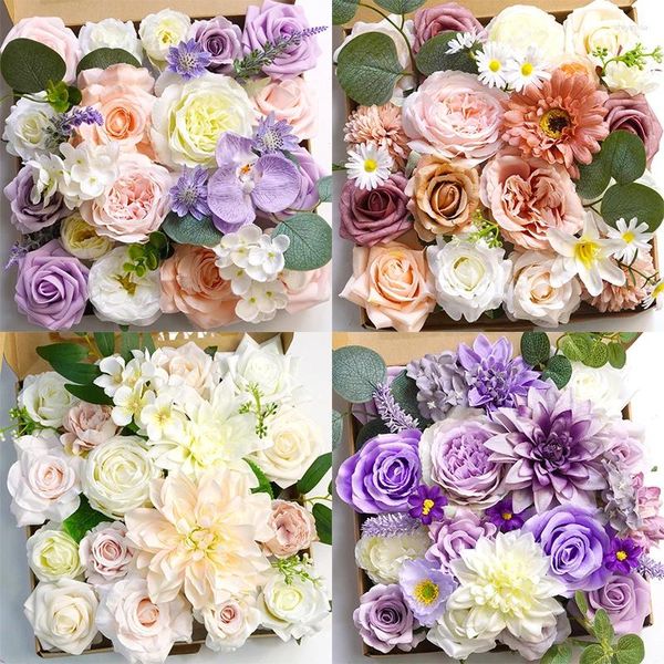 Flores decorativas artificiais com caixa conjunto falso para diy nupcial decorações do chuveiro de casamento decoração do bolo casa roxo