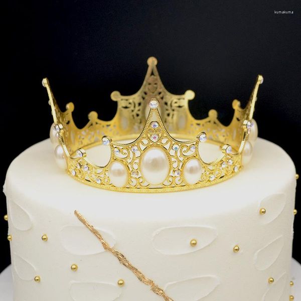 Forniture per feste Decorazioni per torte fatte a mano lucide in metallo di lusso Decorazioni per feste di compleanno per bambini Matrimonio Mini corona di perle d'argento dorato