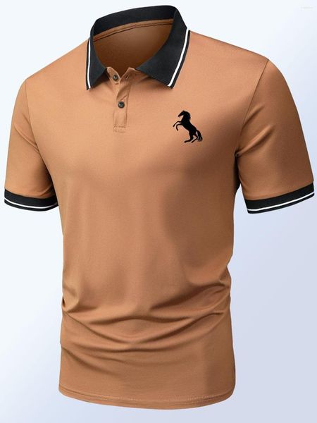 Erkek Polos Yaz Kısa Kollu Erkek Polo Gömlek Yaka Retro At Baskı Sportif ve Sıradan İş Elbisesi