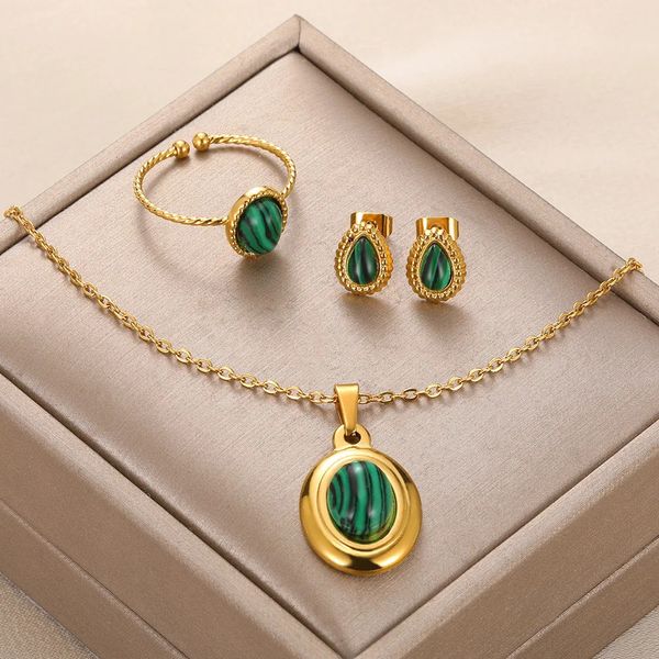 Perlenketten Edelstahlschmuck für Frauen Wassertropfen Goldfarbene Ringe Sets Vintage Grüner Naturstein Jubiläumsgeschenk 231124
