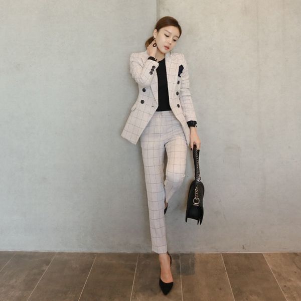 Damenanzüge Blazer Herbst Damen Korean Style Elegant Fashion Revers Zweireiher Lady Business Formale OL Anzüge Jacken mit langen Hosenanzug 230426
