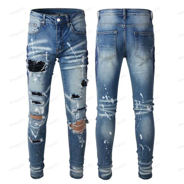 Мужские и женские дизайнерские джинсы Amirs, рваные байкерские джинсы, тонкие прямые джинсовые брюки для мужчин с принтом, армейские модные мужские узкие брюки M 8296