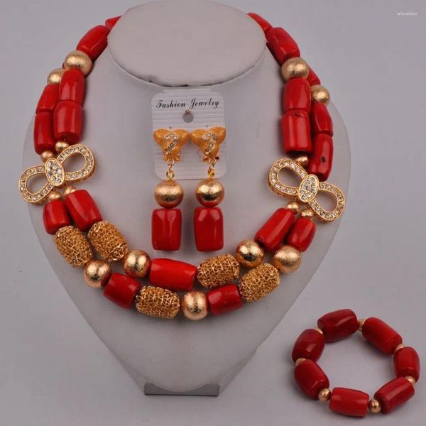 Collana Orecchini Set Moda Corallo Gioielli da sposa nigeriani Perline rosse Sposa africana 321-J3