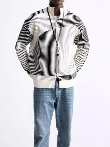 Мужские свитера, американский мужской полосатый кардиган с принтом и длинным рукавом, свободный повседневный свитер, пальто, осенняя мужская мода в стиле ретро