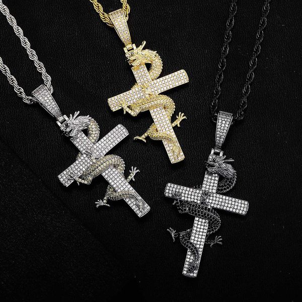 Chinesischer Stil Drachen Kreuz Anhänger Halskette China-Chic Zirkonia Cz Stein Hip Hop Schmuck Diamant Männlich Mode Halsketten 14 Karat Echtgold Iced Out Schmuck Kristall