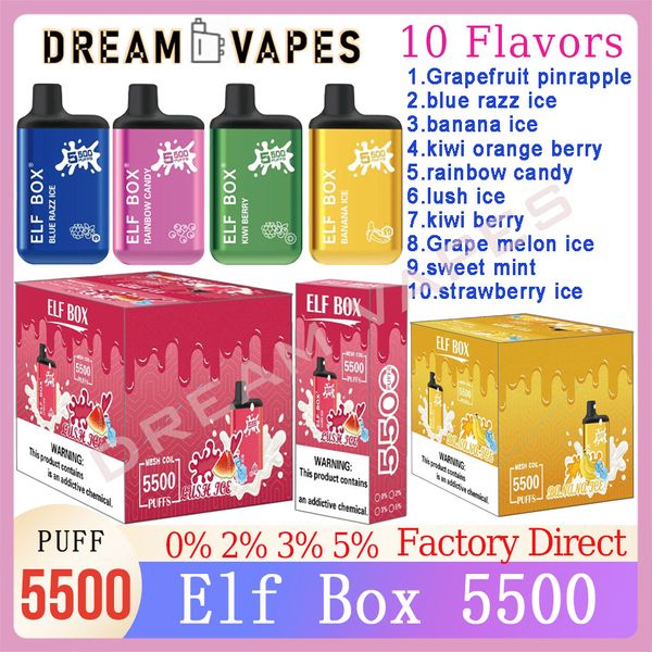 Original ELF BOX 5500 Puff Descartável E Cigarros Pod 1.2ohm Malha Bobina 13ml Pod Bateria Recarregável vape caneta 0% 2% 3% 5% em choque