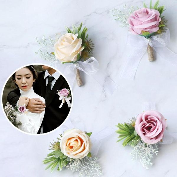 Fiori decorativi Matrimonio Fiore all'occhiello Sposa Damigella d'onore Polso Corpetto Sposo Spille Fiore Seta Bianco Simulazione Rosa