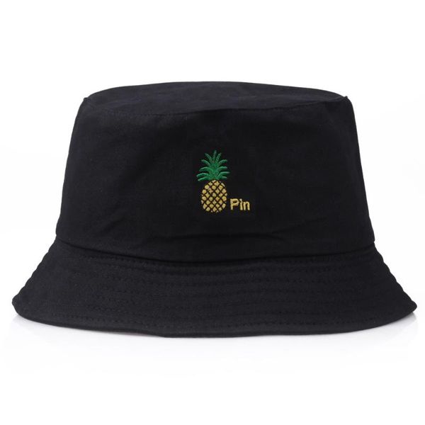 Largura chapéu de chapéu de balde bordado bordado reversível pescador de abacaxi no verão sol viseira casual ao ar livre em preto e branco