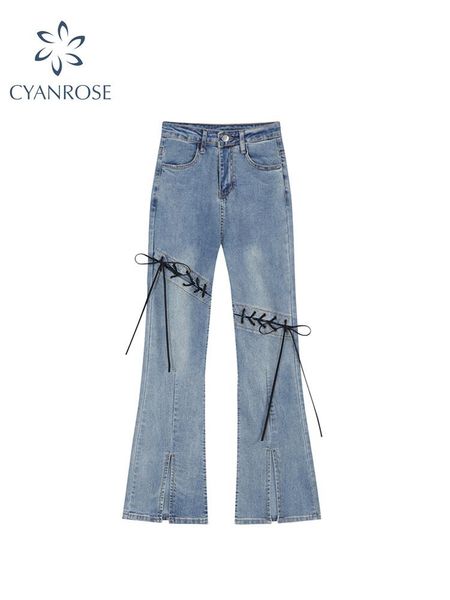 Jeans Frauen Y2k Flare E Mädchen Stil Sexy Strechy Hosen Weibliche Hohe Taille Haruku Aushöhlen Split Breite Bein Hosen sommer Neue