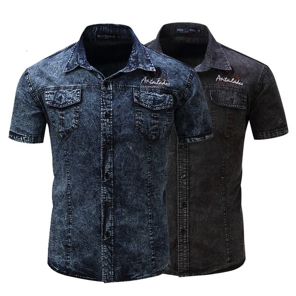 Herren Freizeithemden Herren Elastische Baumwolle Jeanshemd Herren Kurzarm Cargohemden Arbeitshemden Für Herren Freizeitbluse Streetwear Markenkleidung 230425