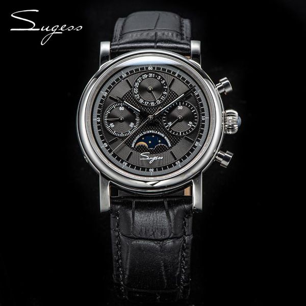 Bilek saatleri Sugess ST1908 Kronograf Mekanik Meagull Moonphase Hareketi Su Geçirmez İzle Sapphire Takvim Vintage Bk Dial