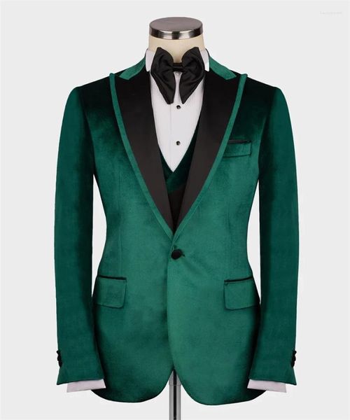Мужские костюмы Черный атласный воротник Зеленый бархатный полный костюм Slim Fit 3 шт. Блейзер Жилет Брюки Индивидуальные современные для мужчин