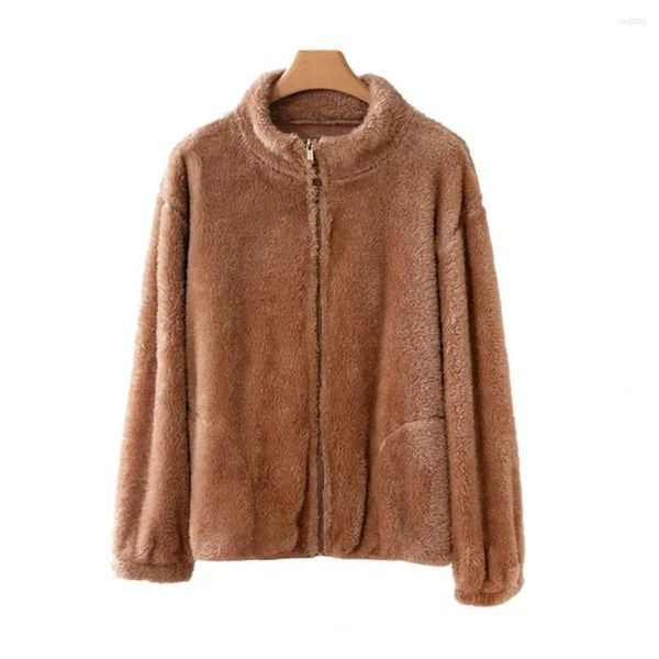 Giacche da donna Cappotto in pile corallo da donna Giacca tinta unita Colletto alla coreana accogliente Inverno Morbido peluche Manica lunga spessa Zip per