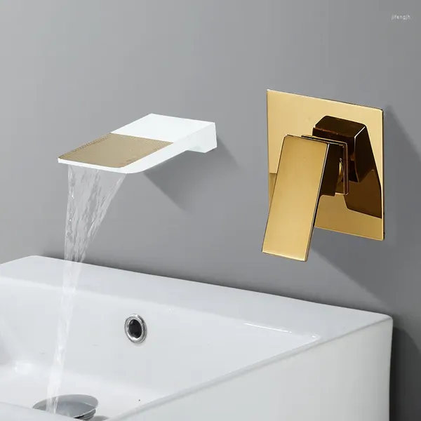 Rubinetti per lavandino del bagno Rubinetto per lavabo Tuqiu Set di miscelatori a cascata nero a parete in oro e bianco con combinazione Blanoir