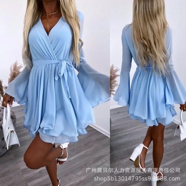 Casual Kleider 2023 Strand Kleid Frauen Solide V-ausschnitt Ausgestellte Ärmel Weibliche Kurze Mini Party Dame Spitze Up Elegante Vestidos