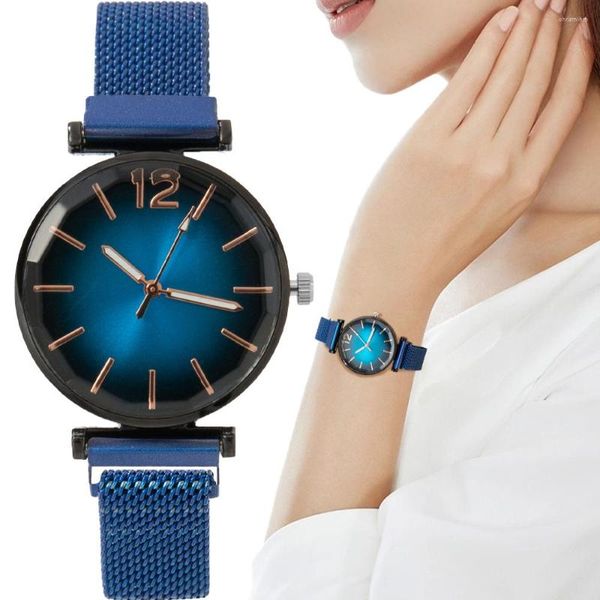 Relógios de pulso Moda Women's Watch Metal Mesh Steel Strap Jewel Blue for Women Quartz Clock