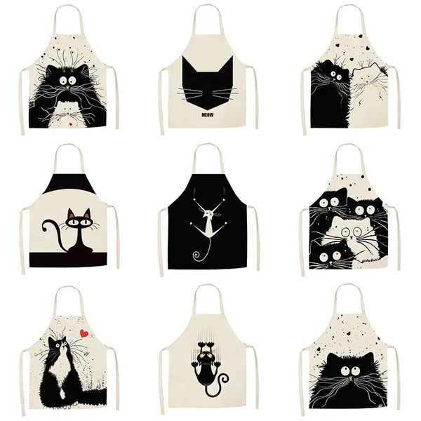 Avental de linho com desenho de gato preto e branco para cozinhar em casa, sem mangas, à prova de manchas, babador de cintura para crianças