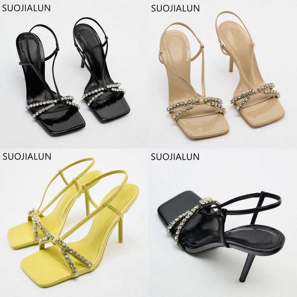 Sandálias Novo marca feminina Moda de sandália Bling Crystal Band estreito Sapatos Gladiator Sapatos finos de salto alto Bombas de vestuário 230316