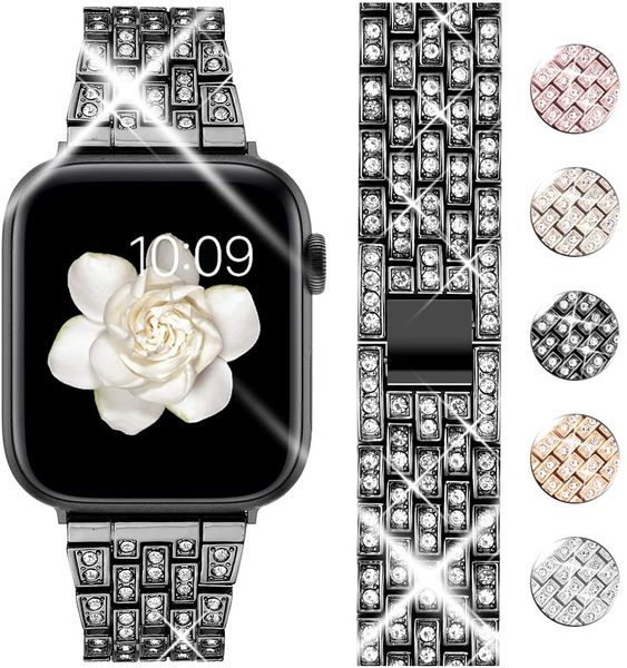 Pulseira de joalheria pulseira Apple watch tira com casos se 6 banda 44 mm 40mm Bling Caso de vidro temperado Protetor de tela para iwatch