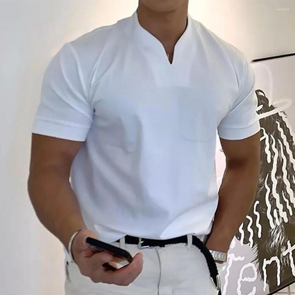 Camiseta masculina camiseta cor sólida decote em v casual diário manga curta tops leve moda muscular grande e alto luz roxo branco