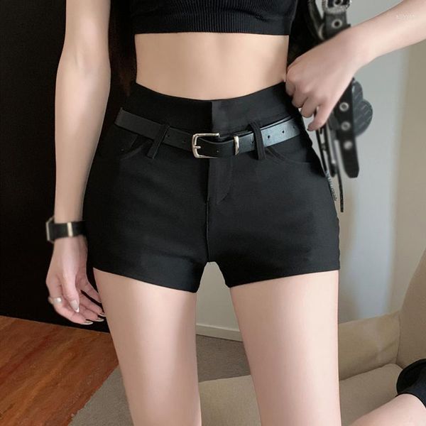 Shorts femininos vintage preto com cinto sexy tight feminina calça meia verão moda sólida mini calça coreana bike y2k