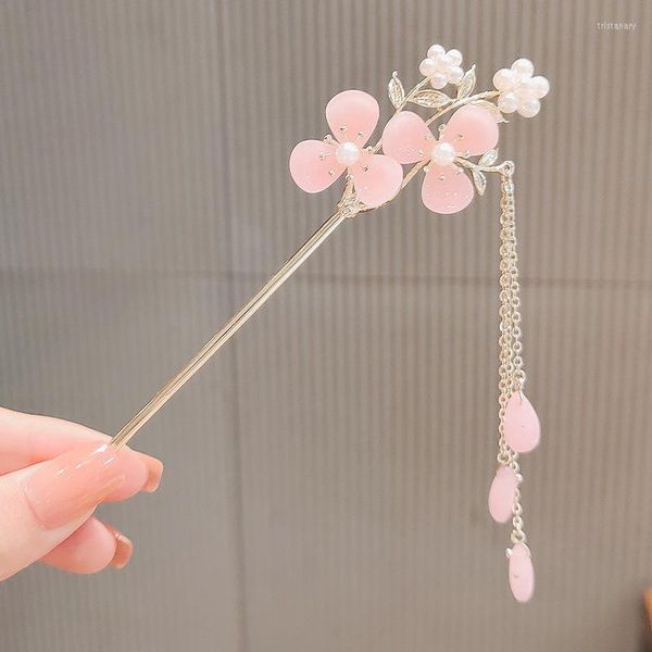 Haarspangen im chinesischen Stil, elegante rosa Farbe, Blumen-Haarnadel, Frauen, zarte Vintage-Quaste, Kopfschmuck, Schmuck, Accessoires, Geschenke