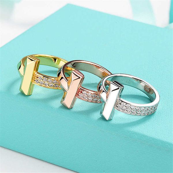 Designer Tiffay Precision Edition Pure Silver Rose Gold T-Line Full Diamond Wide Stacked Ornament Ring Couple