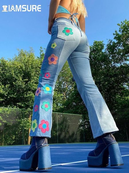 Джинсы Iamsure Patch Designs Вышивая джинсы Flore сладкие лоскутные джинсовые брюки.
