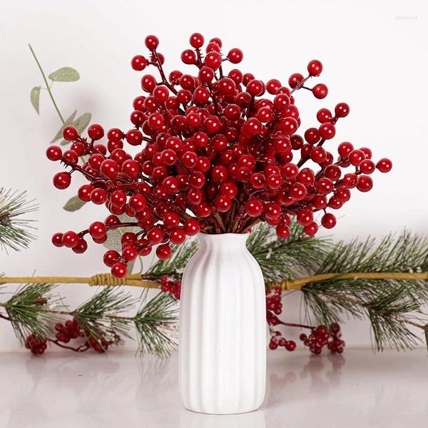 Flores decorativas 20 peças frutas artificiais decoração de natal ramos de frutas vermelhas buquê ano enfeites de árvore de natal guirlanda de frutas