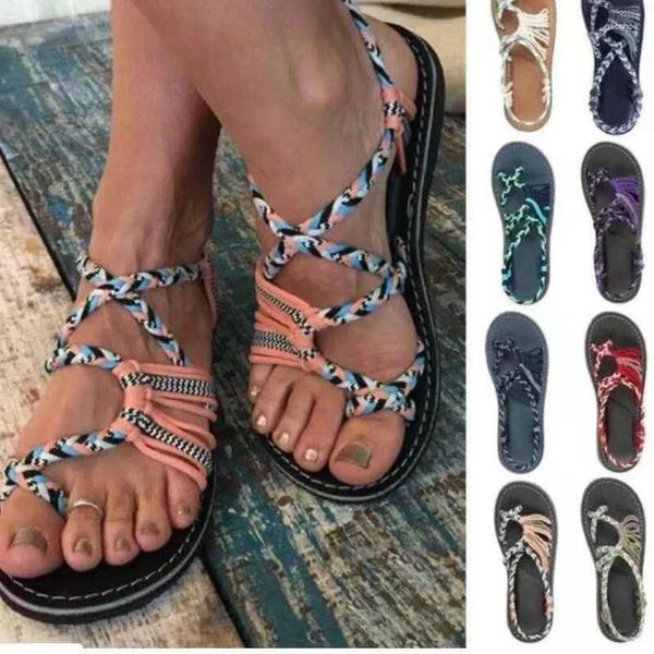 Sandálias clássicas mulheres verão plana cor mista combinando corda nó dedal toe sandália romana casual chique sapato confortável