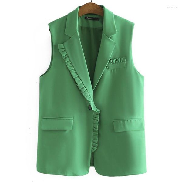 Capispalla Cappotti taglie forti da donna Blazer giacca verde per abbigliamento donna 4xl Gilet lungo senza maniche Casual Ruffles Curve Outwear Autunno 2023