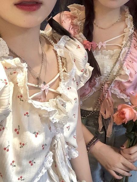 Womens Tanks Camis Pink Sweet Kawaii Twopiece Set Women Puff Sleeve Japanese Casual Cute Female Bow Korean Style Elegant Clothing Summer 230426