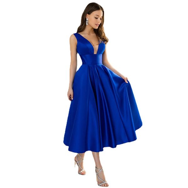Benutzerdefinierte Farbe Königsblau A-Linie Kurzes Abendkleid Damen Tee Länge Satin V-Ausschnitt Ärmellos Rückenfrei Abendkleider Robe