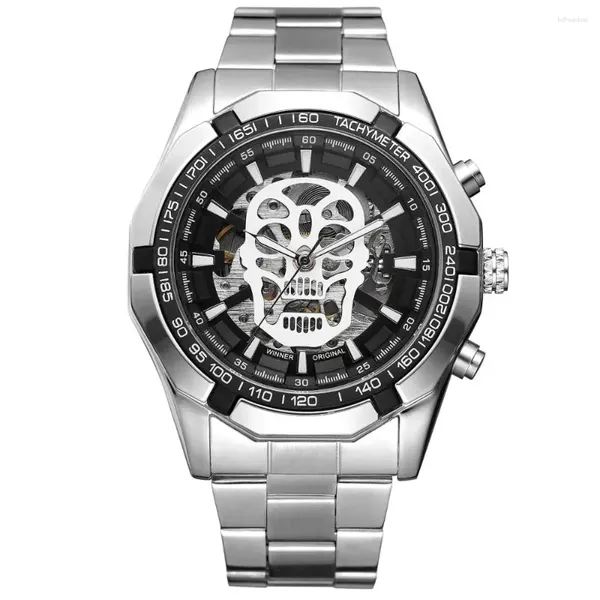 Relógios de pulso relógio masculino automático auto vento mecânico prata pulseira de aço inoxidável hip hop crânio esqueleto dial presente de pulso