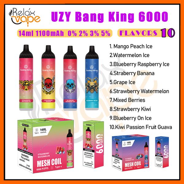 Original UZY Bang King 6000 Puff Vapes Descartáveis Caneta Pré-preenchida 0.8ohm Bobina de Malha 14ml Pod Bateria Recarregável Cigarros Eletrônicos E Cigarros 6k Puffs Kits Dispositivo