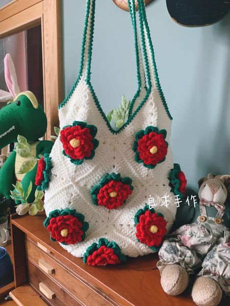 Bolsas de noite Big Rose Flower Yarn Leite de algodão Crochê Kits Diy Bag Kits Bordado Trabalho floral Crochet Bolsa Bolsa Material Kit Set