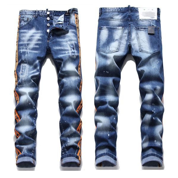 D2 Designer Jeans para Mens Dsquare DSQ2 Trendy Hip-hop Calças Rasgadas Preto Digital Impresso Mid Rise Pequena Perna Reta Calças Jeans Homens Jeans Designers Pant 306