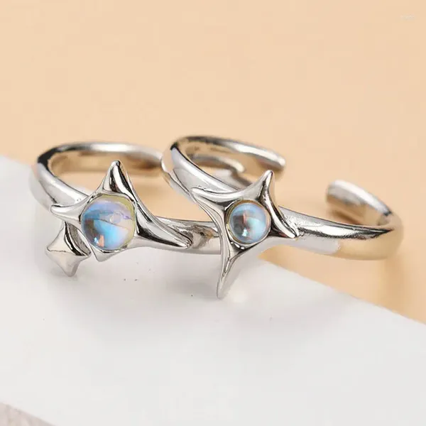 Cluster-Ringe, 2 Stück, Punk-Silber-Farbe, vierzackiger Stern-Ring, Mondstein, handgefertigt, verstellbare Größe für Frauen