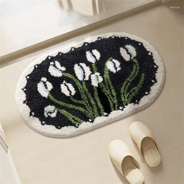 Teppiche, minimalistischer Badezimmerteppich, schwarzer Tulpen-Plüschteppich, saugfähig, rutschfest, Bodenmatte, Nachttisch, Haushalt, Fußbad