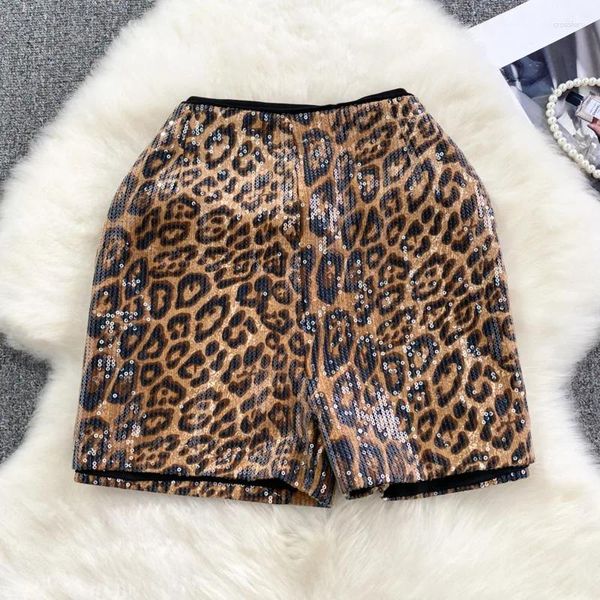Shorts femininos prepomp moda sexy lantejoulas leopardo curto 2023 outono coleção cintura alta perna larga calça feminina na moda gm787