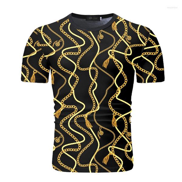 Herren T-Shirts Herren Kette Druck Kurzarm Lose Oberteile Mode Lässig Rundhals T-Shirts Sommer Silber Gold