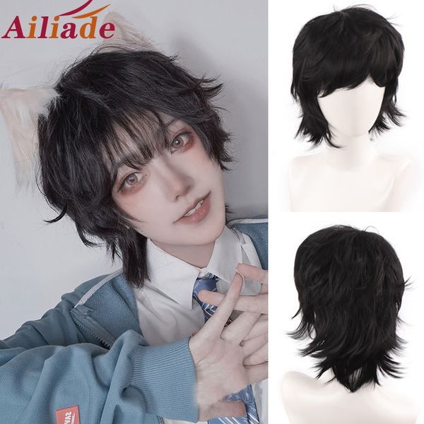 Synthetische Perücken Ailiade Schwarz Herren Kurzer gerader Pony 30,5 cm für männliche Jungen Cosplay Anime tägliche Party hitzebeständig 230425