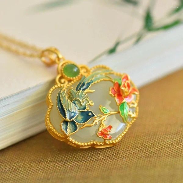 Ketten Ant Light Luxus klassische Emaille Elster Halskette natürliche eine weiße Jade Ruyi AnhängerVintage exquisite feine Schmuck